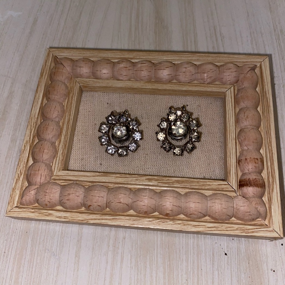 Vintage Silver Tone Rhinestone Floral Clip-On Earrings - Silver & Clear